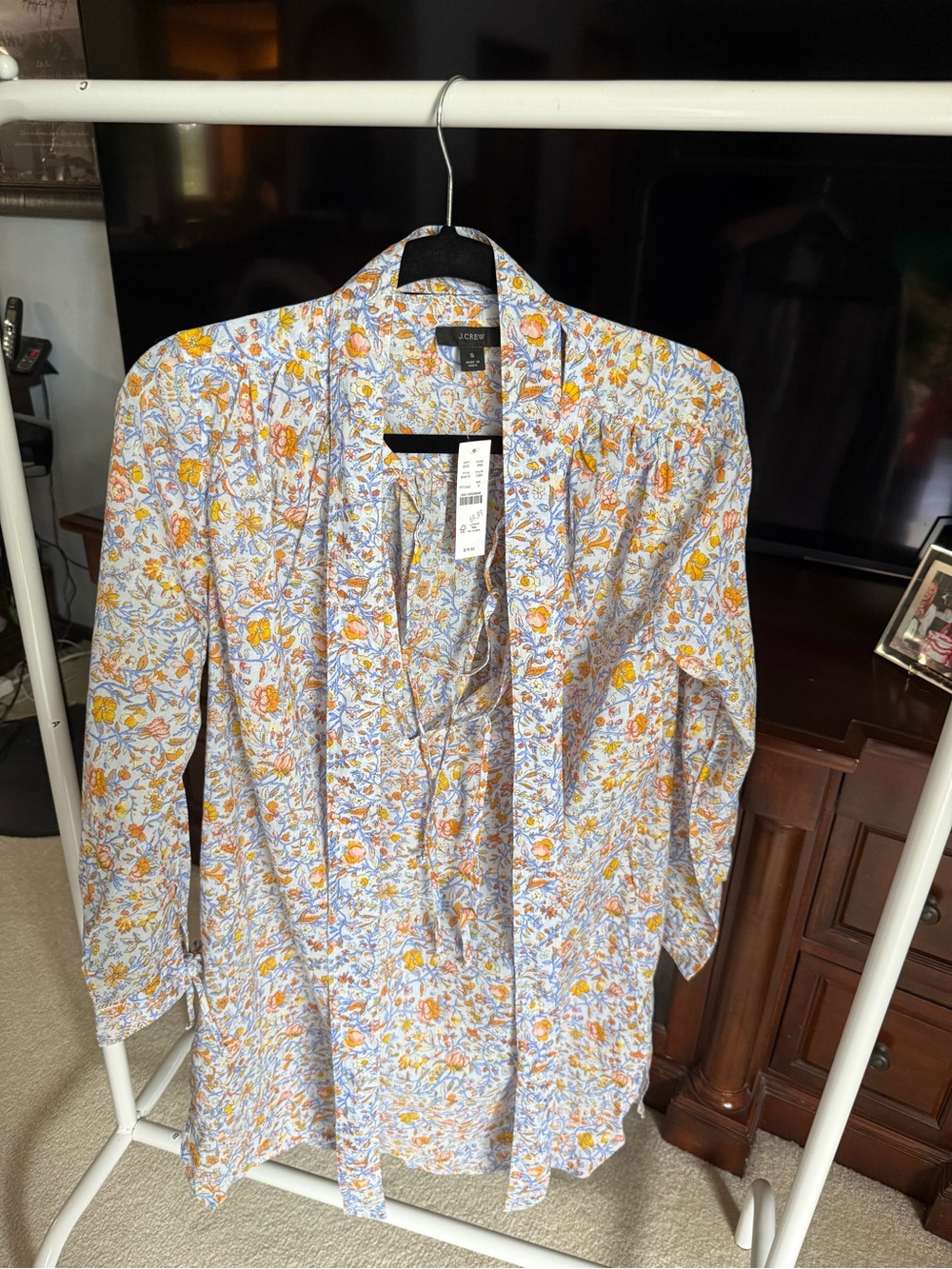 J. Crew White Floral Tie-Neck Blouse with Blue and Yellow Print